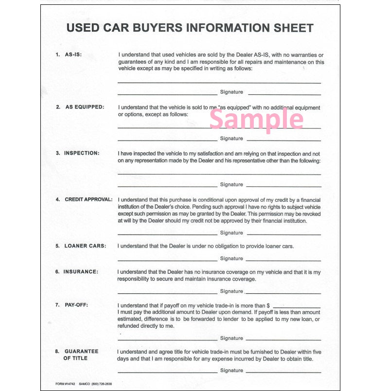 Used Car Buyers Information Sheet